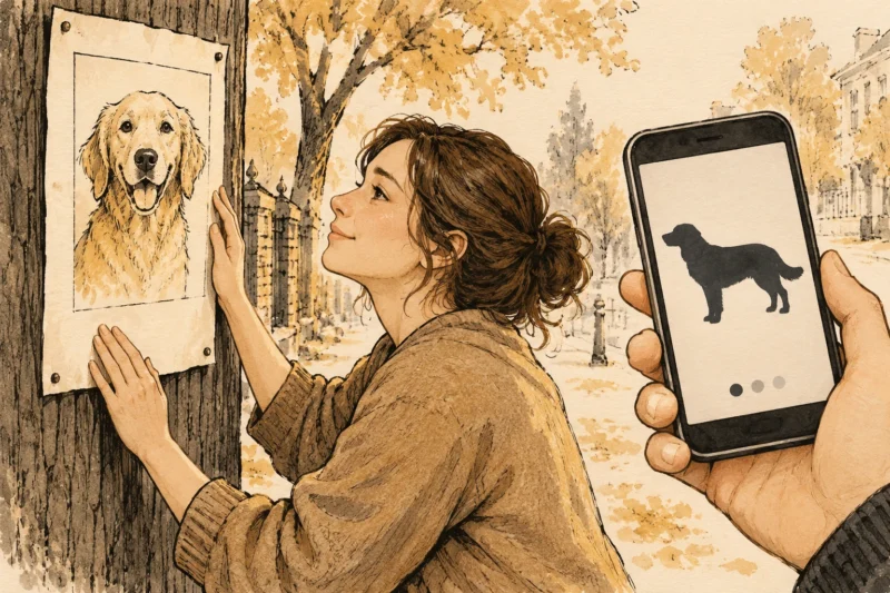 Warm ink illustration of a missing-pet poster and an owner's phone showing an unverified animal silhouette.