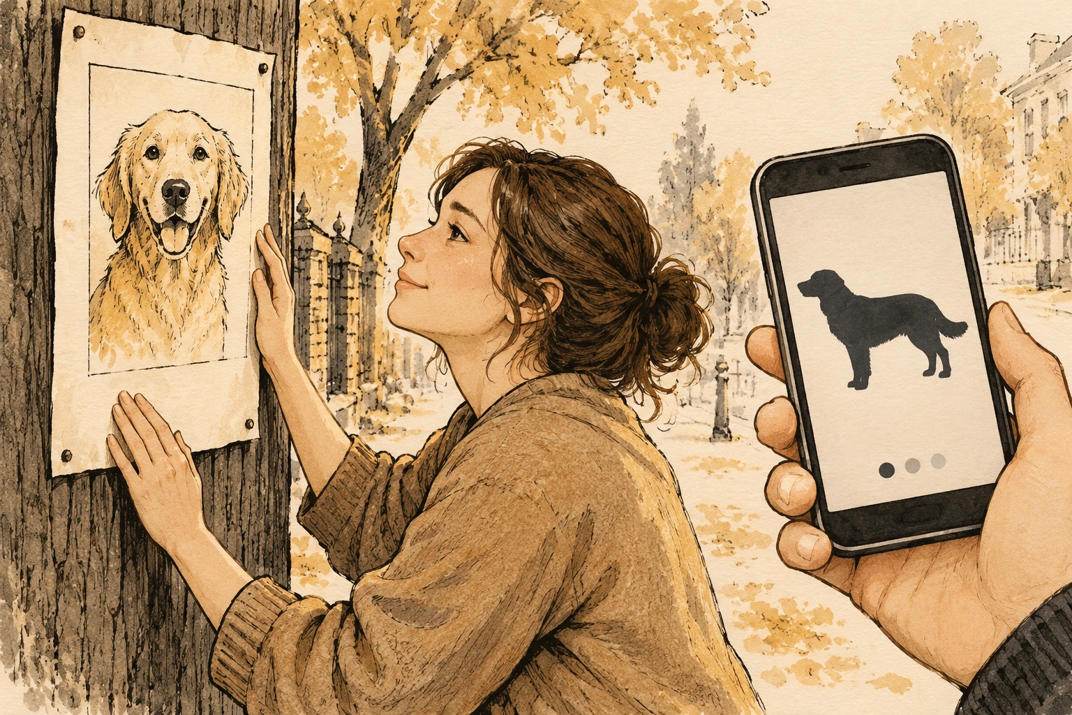 Warm ink illustration of a missing-pet poster and an owner's phone showing an unverified animal silhouette.