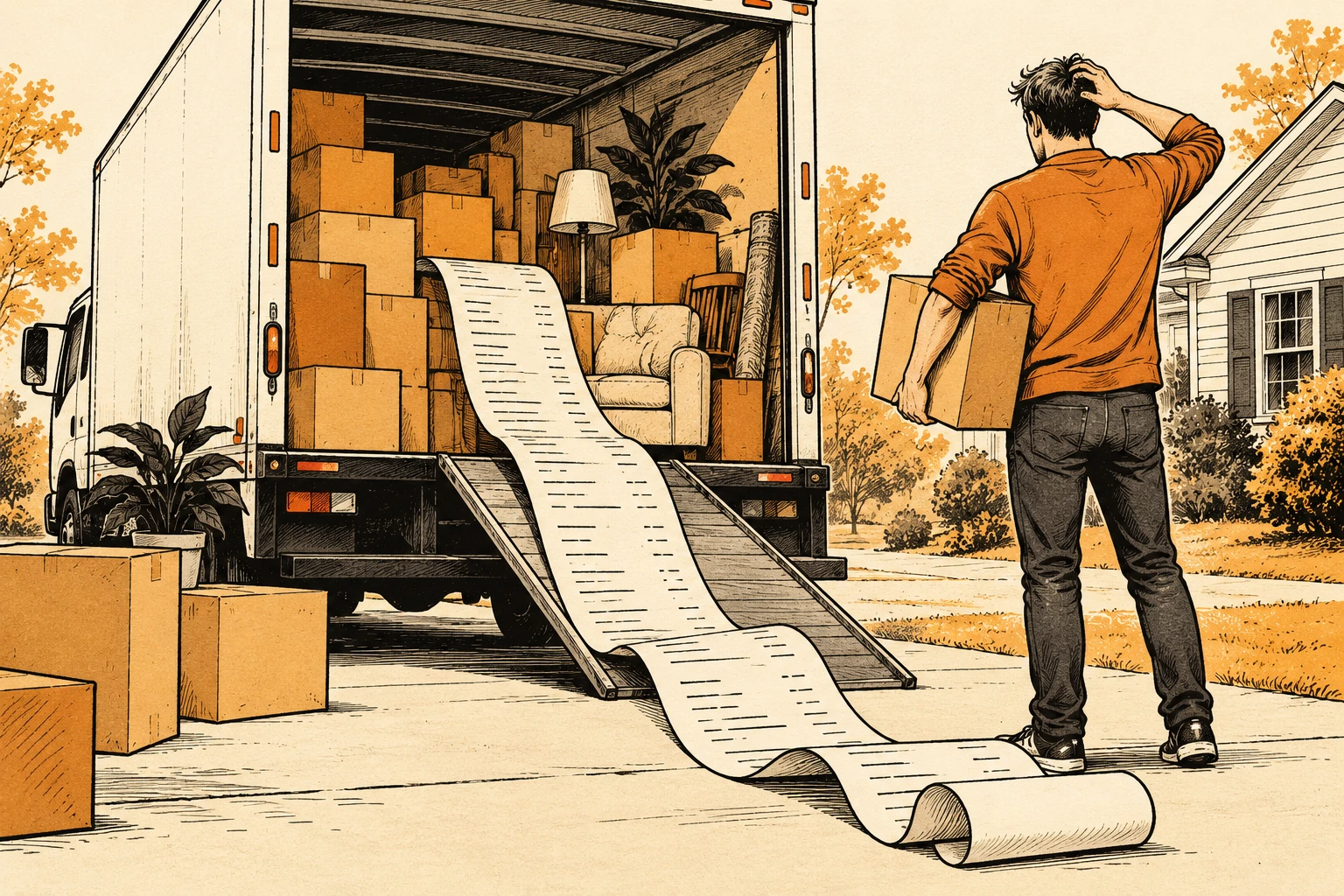 Amber and ink illustration of household boxes in a moving truck with a long invoice unrolling down the ramp.