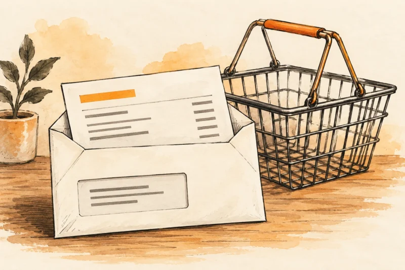 Ink and amber illustration of an invoice in an envelope beside an empty shopping basket.