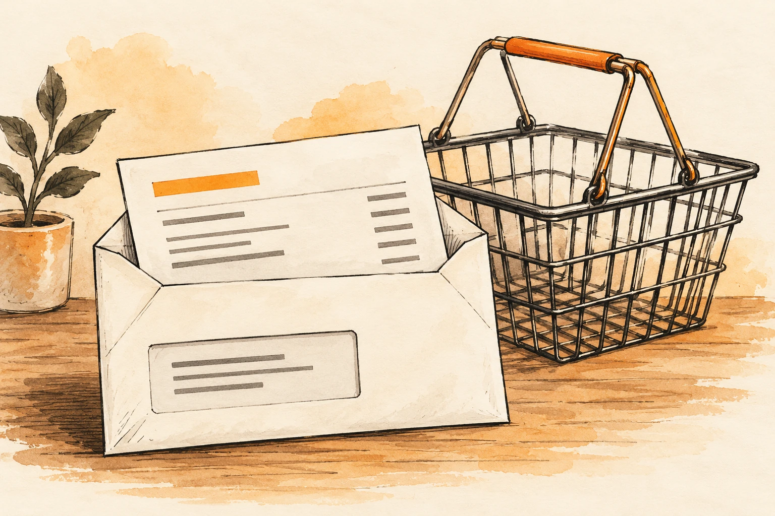 Ink and amber illustration of an invoice in an envelope beside an empty shopping basket.