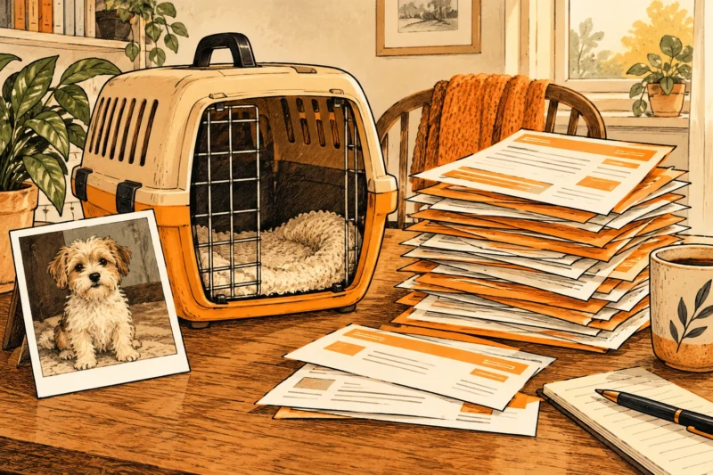 Ink illustration of an empty pet carrier beside a puppy photograph and a growing stack of amber invoices.