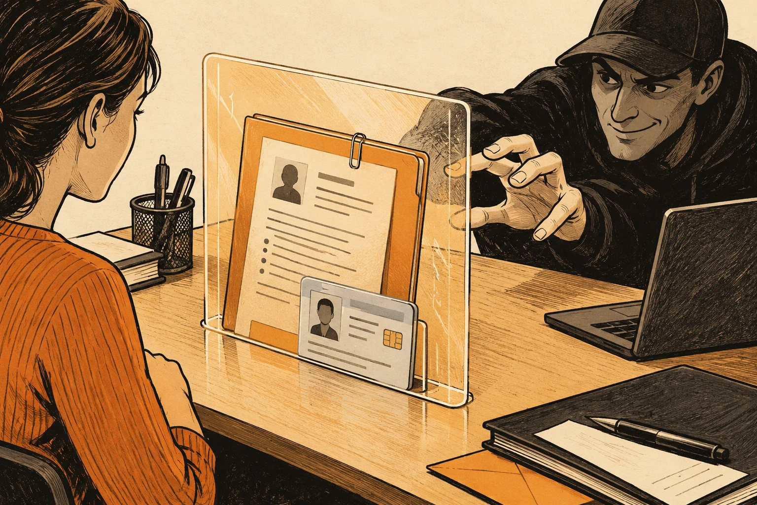 Amber ink illustration of a job folder beside an identity card protected by a translucent divider.