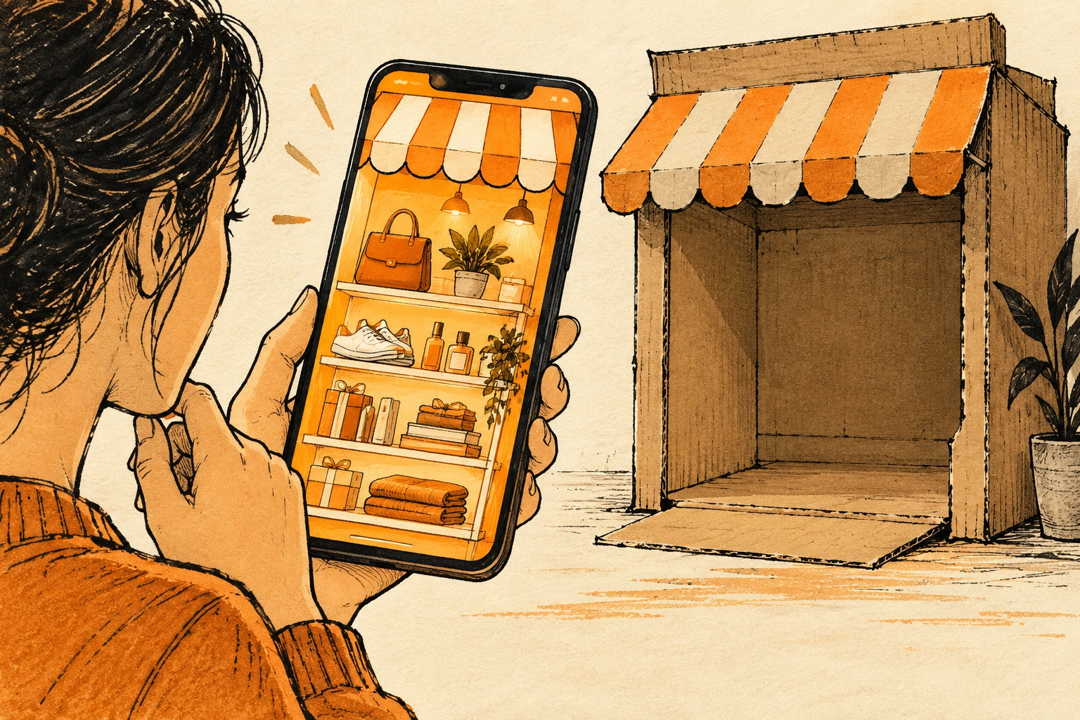 Amber ink illustration of a polished shop on a phone beside an empty cardboard storefront.