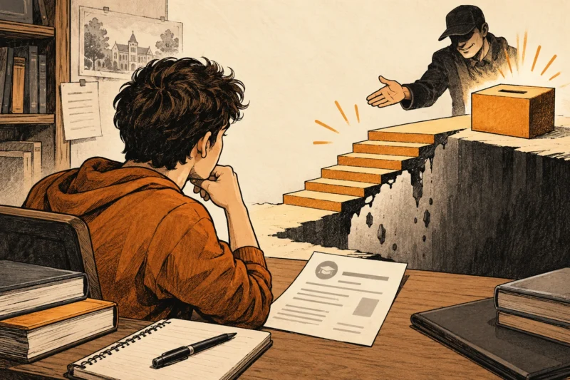 Amber ink illustration of books and a student-loan statement beside a shortcut staircase ending at a fee box.