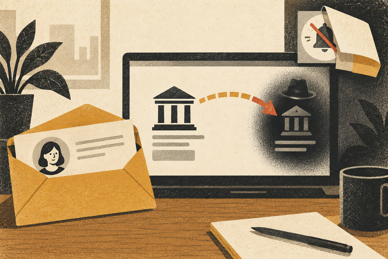 Screenprint illustration of a payroll envelope and employee portal with a deposit redirected toward an unfamiliar account.