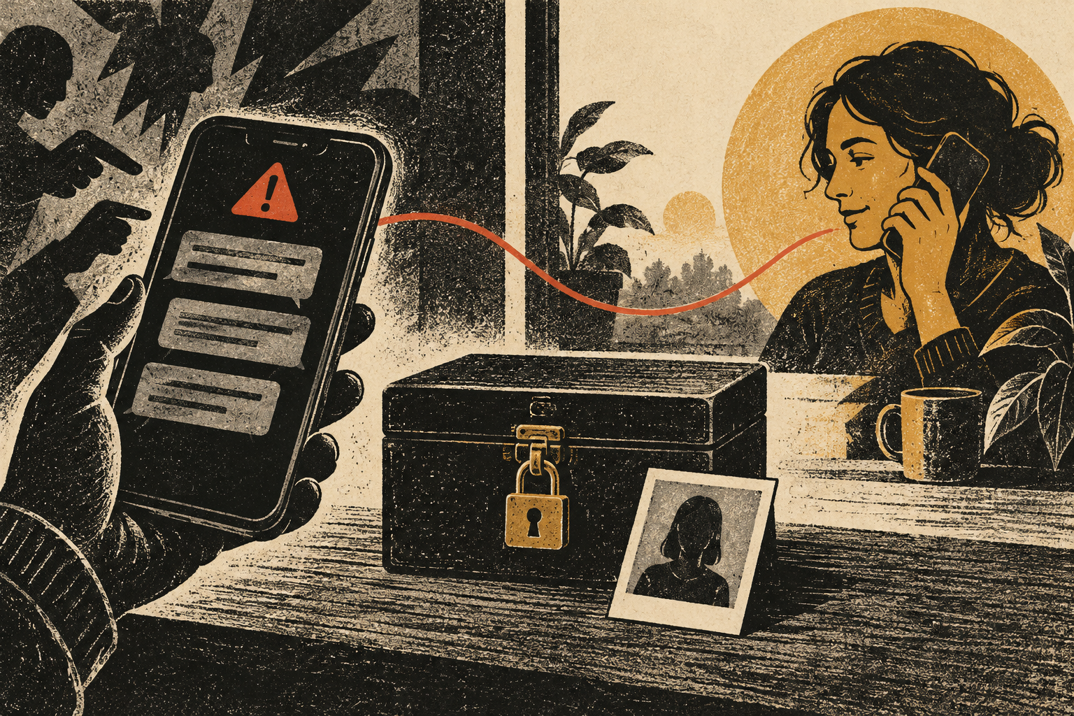 Editorial screenprint illustration of a person protecting a phone while threatening messages and an exposed-image warning are blocked by a shield; no intimate imagery is shown.